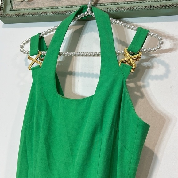 Vintage 90s CACHE wide leg jumpsuit halter gold X romper women’s size 8 green - Picture 3 of 10